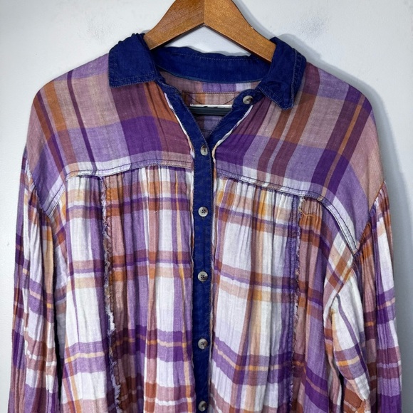 Free People Olivia Plaid Button Down Shirt Size Small Oversized 100% Cotton - Picture 4 of 13